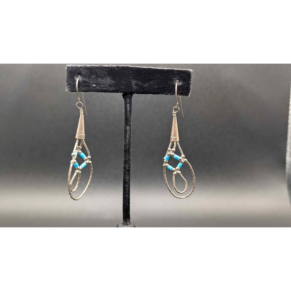 Vintage Native American Turquoise Seed Bead Weaved Sterling Silver Earrings